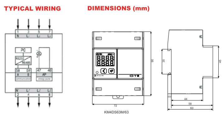 3 Phase 63A Din Rail Direct Reading Energy Meter - ONESTO - Standard Lighting