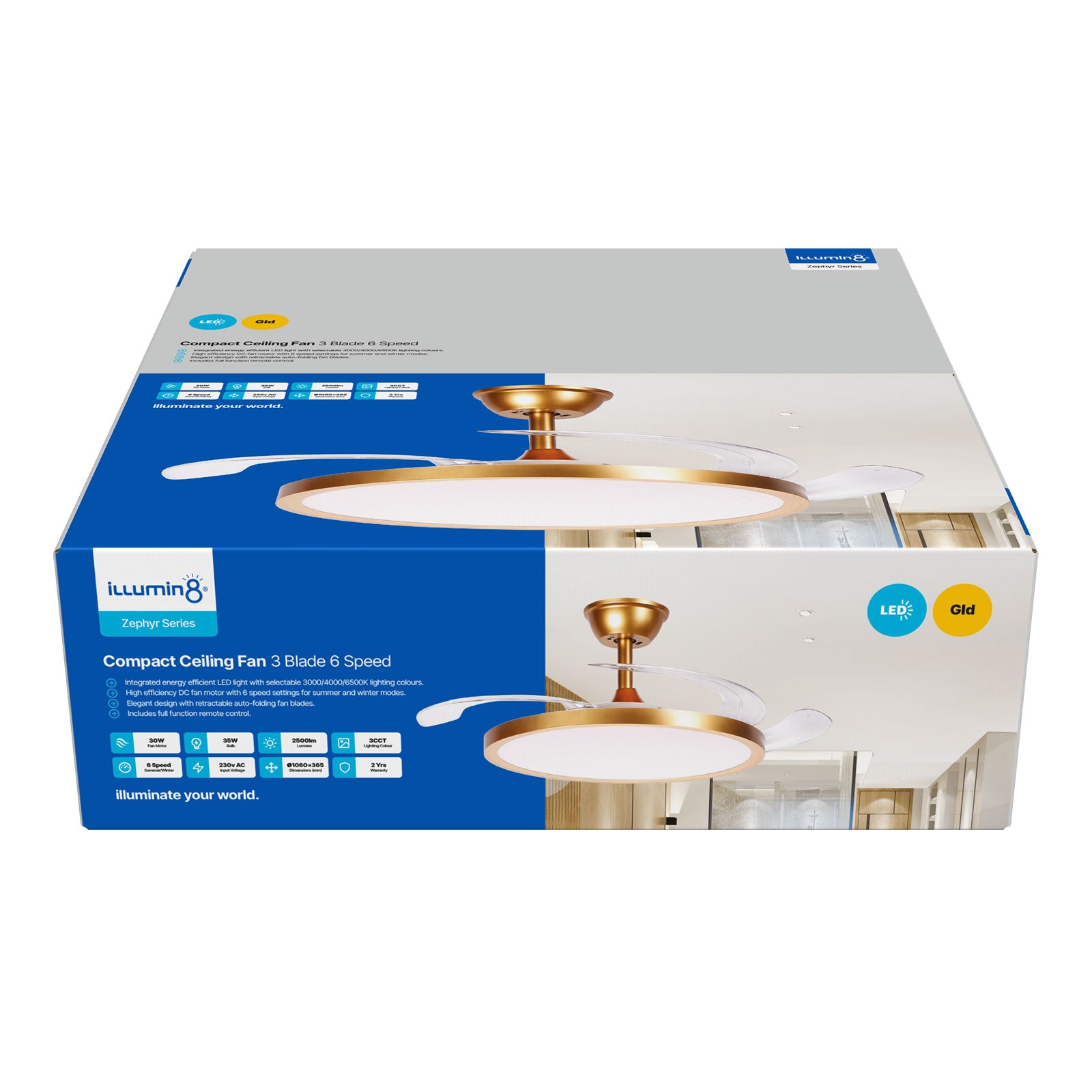 3 Blade Retractable Ceiling Fan - Gold