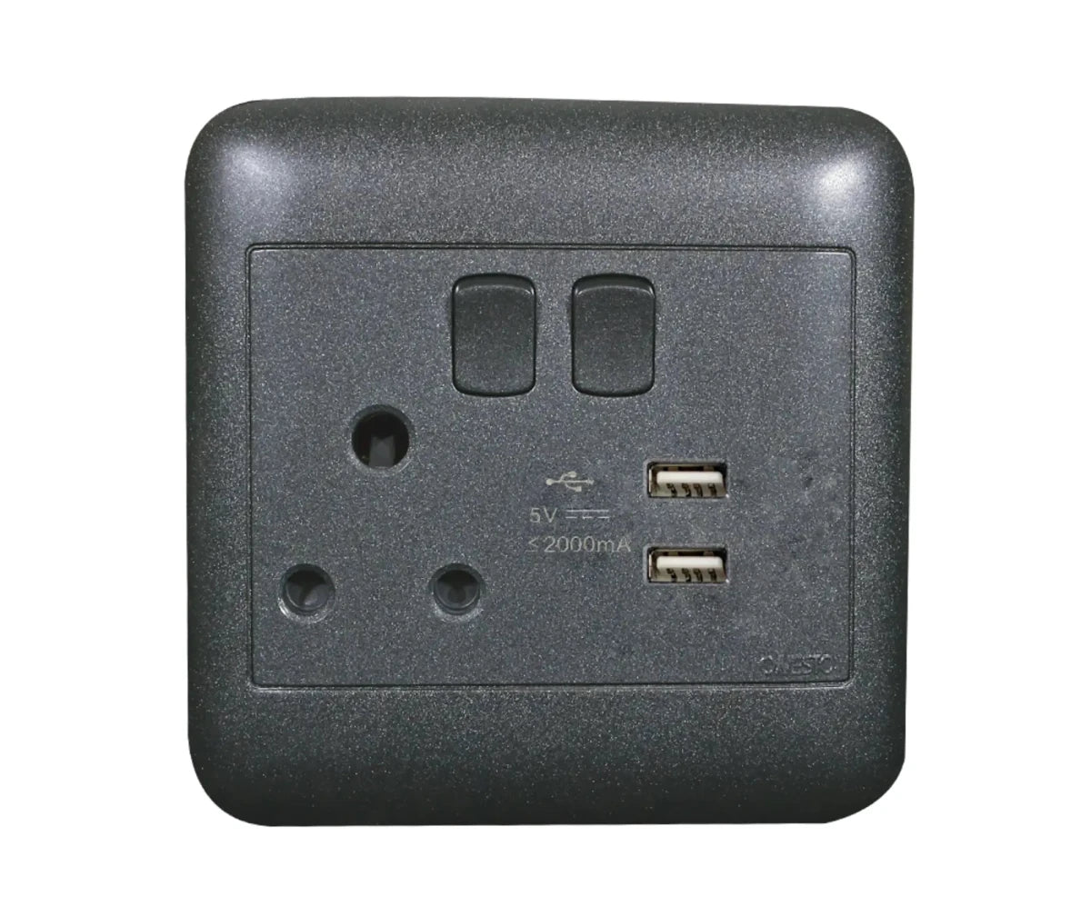 Oracle 4x4 Single Switched Socket + 2 x USB A, Black - ONESTO - Standard Lighting