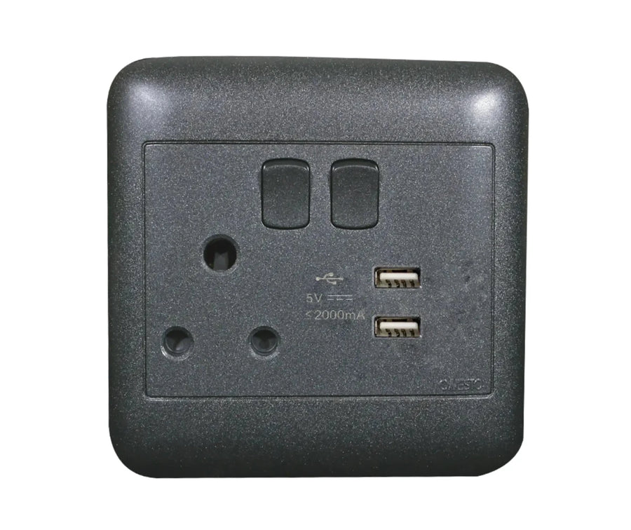 Oracle 4x4 Single Switched Socket + 2 x USB A, Black - ONESTO - Standard Lighting